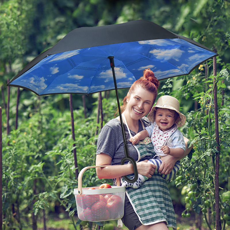 J601 Custom Windproof C Handle Reverse Invert Umbrella Double Layer Arc Upside Down Umbrella Inside Out Umbrella