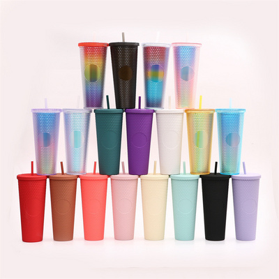 M79 24 Oz Double Wall Matte Pink Yellow Jewled Diamond Durian Drinking Cup Plastic Acrylic Studded Tumbler With Straw