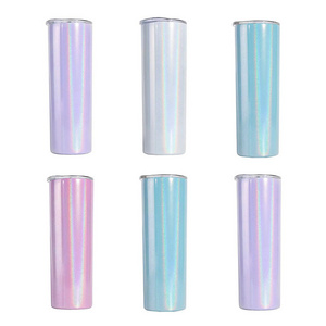 20 Oz Stainless Steel Blanks Purple Black Pink Blue White Shimmer Glitter Skinny Holographic Sublimation Tumblers  With Straw