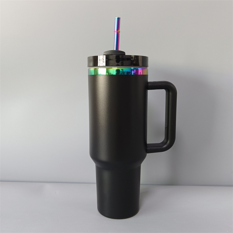 wholesale bulk price rainbow plated black white laser mug 40oz holographic rainbow plated tumbler insulated travel cup