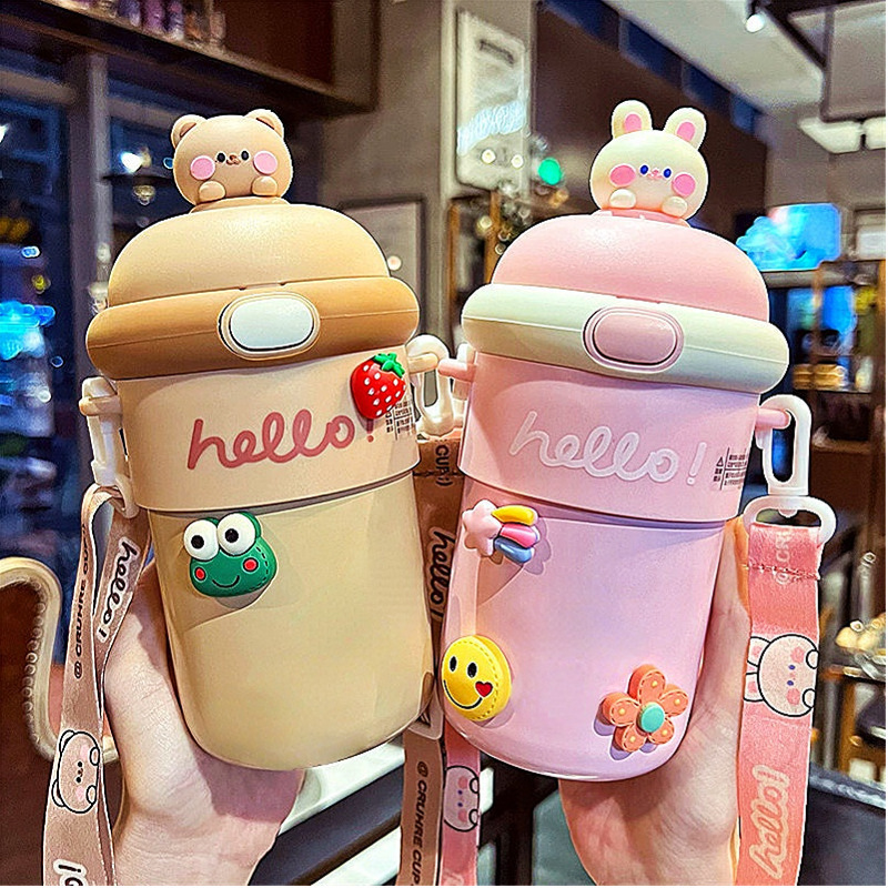 C412 Hot selling 510ML Portable Thermos Cup Cute Rabbit Cartoon Glass Water Bottle Food Grade Drinking Drinking Cup With Straw