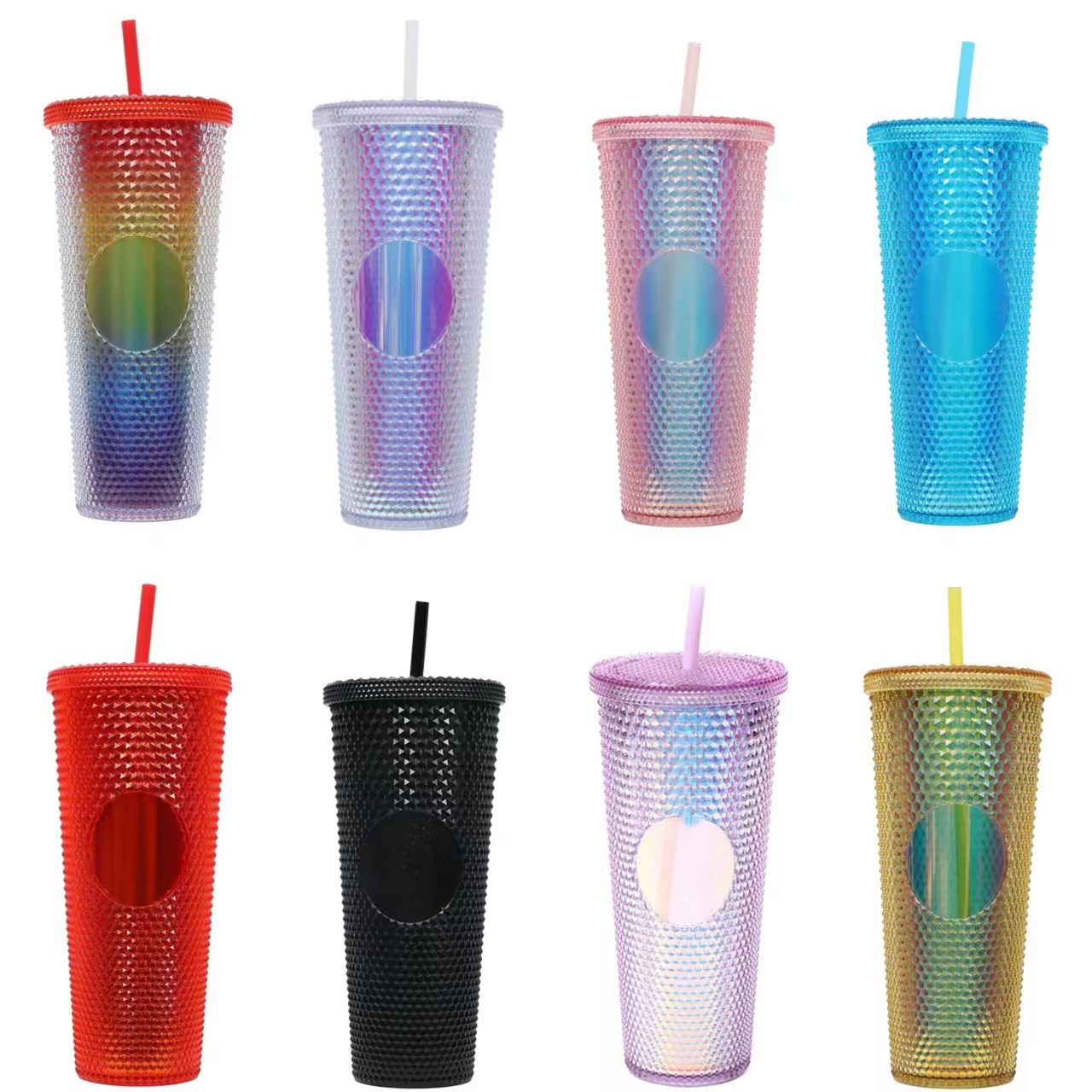 M79 24 Oz Double Wall Matte Pink Yellow Jewled Diamond Durian Drinking Cup Plastic Acrylic Studded Tumbler With Straw