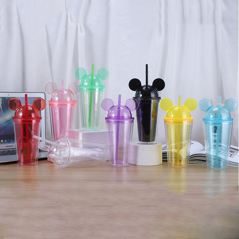 D132 Wholesale Custom Double Walled Summer Plastic Acrylic Clear Water Tumbler 16oz 20oz Cats Ears Lid Tumbler Cup