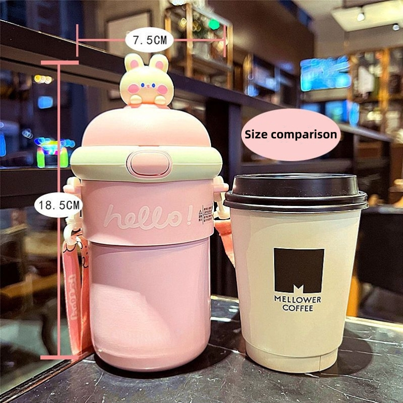 C412 Hot selling 510ML Portable Thermos Cup Cute Rabbit Cartoon Glass Water Bottle Food Grade Drinking Drinking Cup With Straw