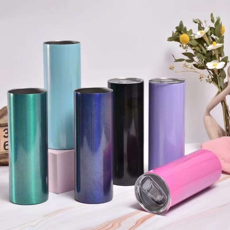 20 Oz Stainless Steel Blanks Purple Black Pink Blue White Shimmer Glitter Skinny Holographic Sublimation Tumblers  With Straw