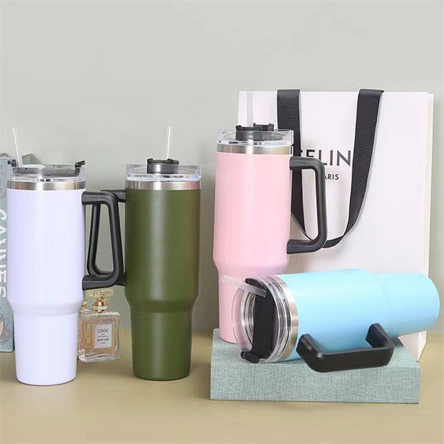 Portable 40 OZ Stainless Steel Coffee Mug Insulated Spill Proof Cold Hot Water Cup Car Thermal Tumbler With Silicone Handle  Lid