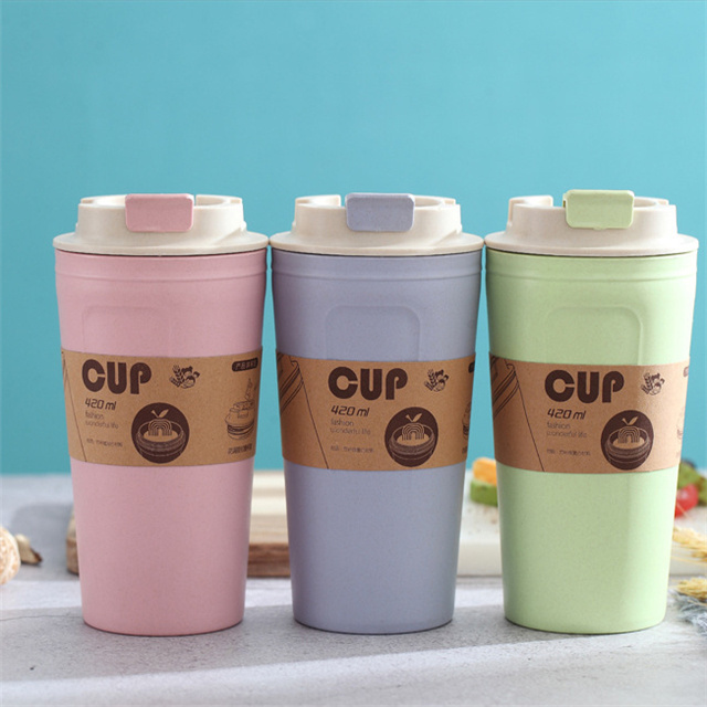 J332 Wholesale 420 ML Wheat Straw Bamboo Fiber Eco Friendly Plastic Coffee Mug With Lid