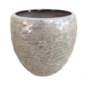 LACQUER SEASHELL flower pot planter, fibre grass encrusted with sea shell flower pot planter