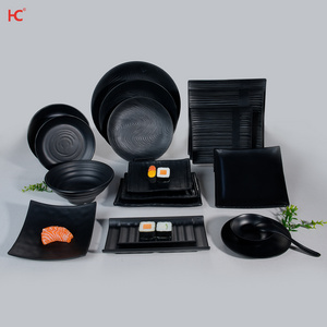 Japanese korean sushi luxury Sakura freestyle round restaurant tableware soup bowl square dinnerware set black melamine plates