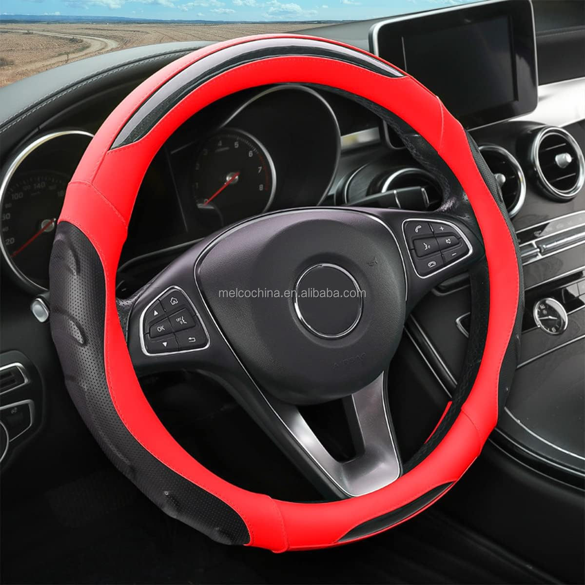 MELCO Universal 15 Inch Anti-Slip Car Steering Wheel Decorative Cover,3D Massage Grip Black/ Red Steering Wheel Airbag Cover