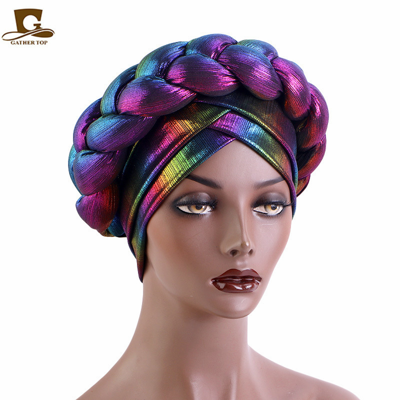 Q31233 Elegant Women African Turban Braid Beanie Gradient Turban Cap Pre-tied Head Wrap Braided Hijab Hat