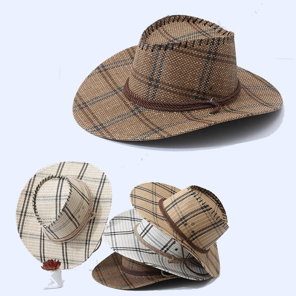 Q40101 Fashionable Vintage Plaid Cowboy Sun Protection Jazz Hat tartan straw Panama Men Women Wide Brim cow Hat