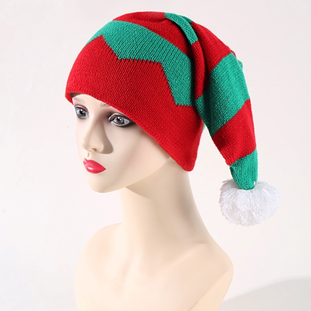 Q30923 winter Warm pompom beanies Woman Santa Hat Elf Christmas  Knitted Beanie Hat with Pom Pom adult