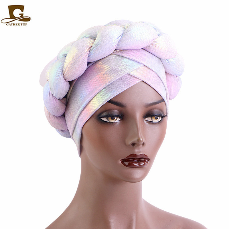 Q31233 Elegant Women African Turban Braid Beanie Gradient Turban Cap Pre-tied Head Wrap Braided Hijab Hat