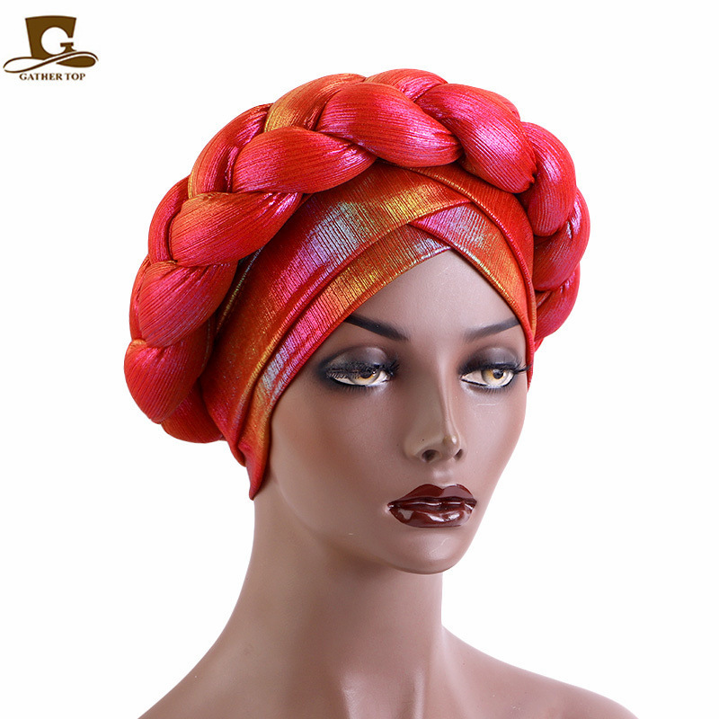 Q31233 Elegant Women African Turban Braid Beanie Gradient Turban Cap Pre-tied Head Wrap Braided Hijab Hat