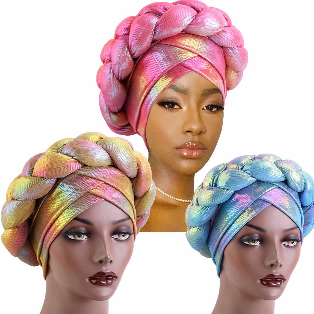 Q31233 Elegant Women African Turban Braid Beanie Gradient Turban Cap Pre-tied Head Wrap Braided Hijab Hat