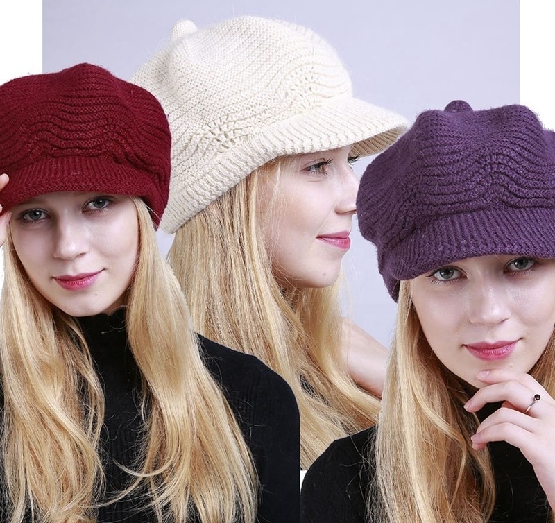 Y302006 new colors Women Earflap Winter Hats Ribbed Knitted Wool Cap hat with brim