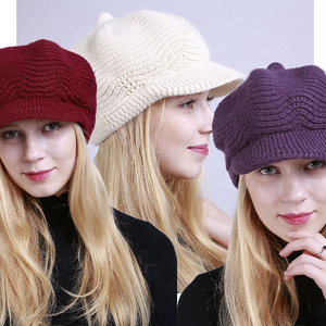 Y302006 new colors Women Earflap Winter Hats Ribbed Knitted Wool Cap hat with brim