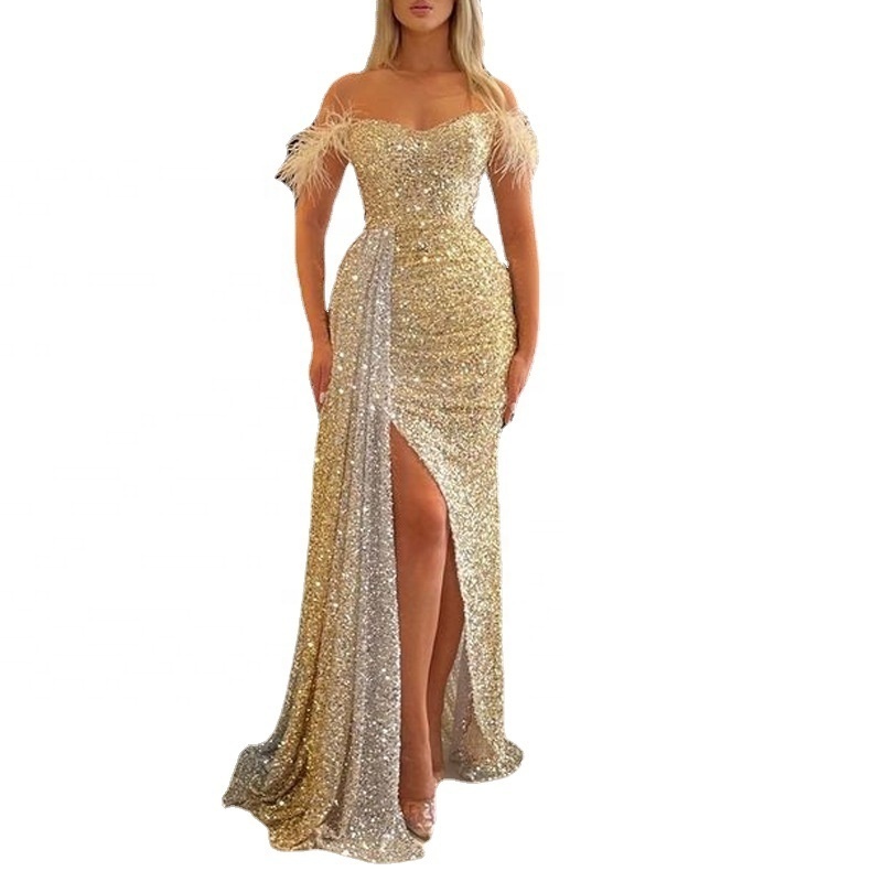 Y212007 Sexy Women Off shoulder Strapless Sleeveless Party Dress Woman Sequin Evening Dresses Gold Split Dress