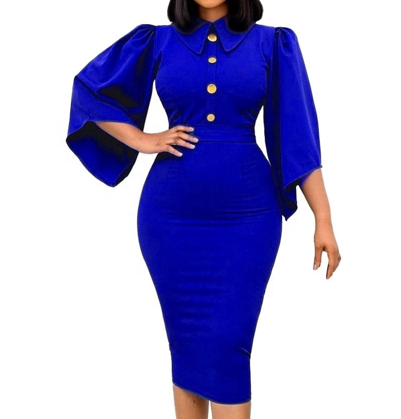 Y308007 Plus Size Dress Flare Sleeve Doll Collar Solid Color Pack Hip Tight Dress Sheath Office Pencil dress