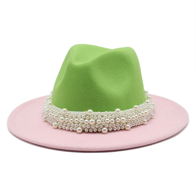 Q31204 Fall Winter Elegant ladies Pearl Belt felt hat  two tone Women Wide Brim  Panama Fedora Hats