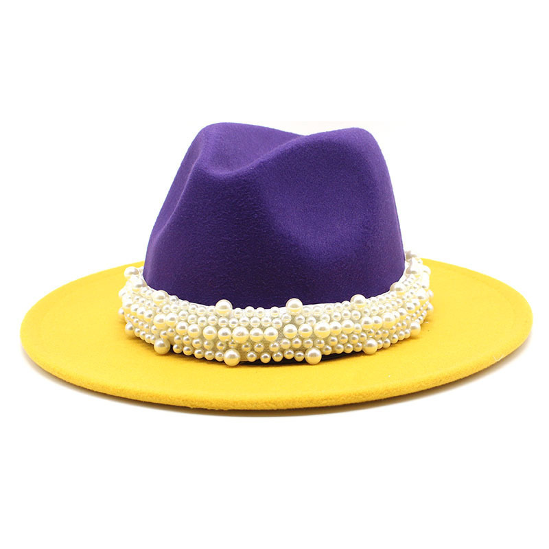 Q31204 Fall Winter Elegant ladies Pearl Belt felt hat  two tone Women Wide Brim  Panama Fedora Hats