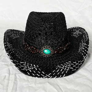 Y019 Men cowboy straw hat large shade summer hollowed out ethnic wind gemstone wood bead rolled brim paper straw cowboy hat