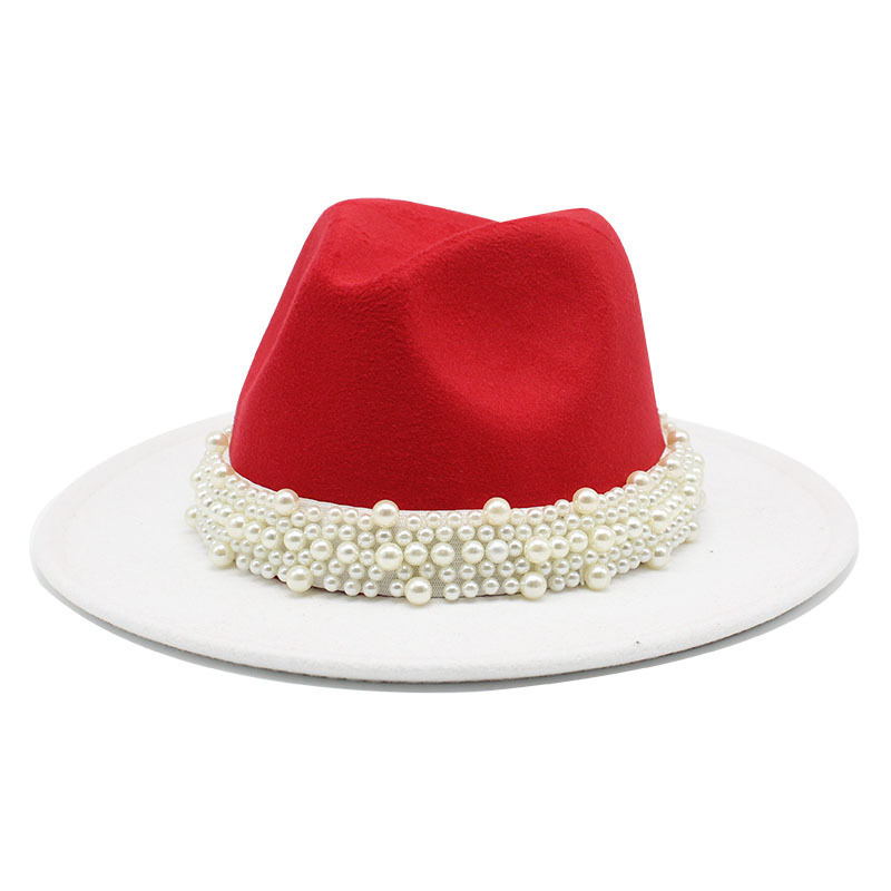 Q31204 Fall Winter Elegant ladies Pearl Belt felt hat  two tone Women Wide Brim  Panama Fedora Hats