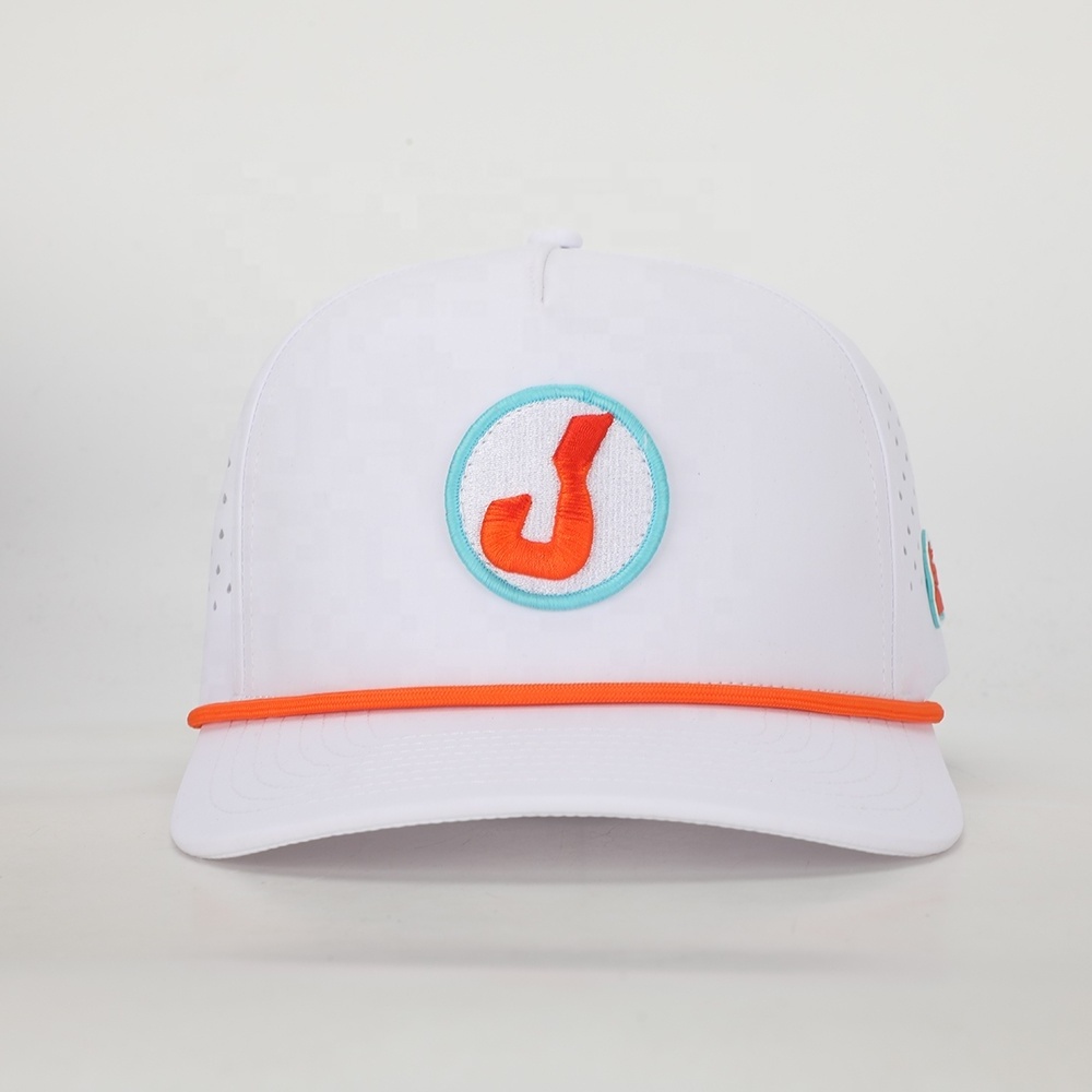 BSCI Wholesale Custom Design Oem Rope 5 Panel Sport Dad Hat,Embroidery Logo White Polyester Gorras,Laser Cut Hole Baseball Cap