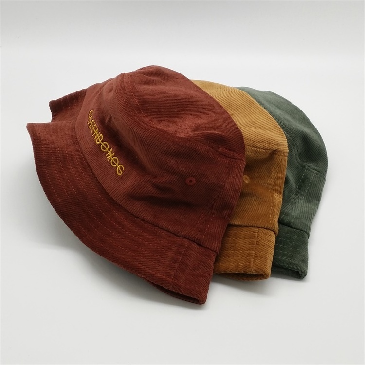 Custom Fashion Embroidery High Quality Corduroy Collapsible Foldable Fishing Cap Short Brim Bucket Hat With Label