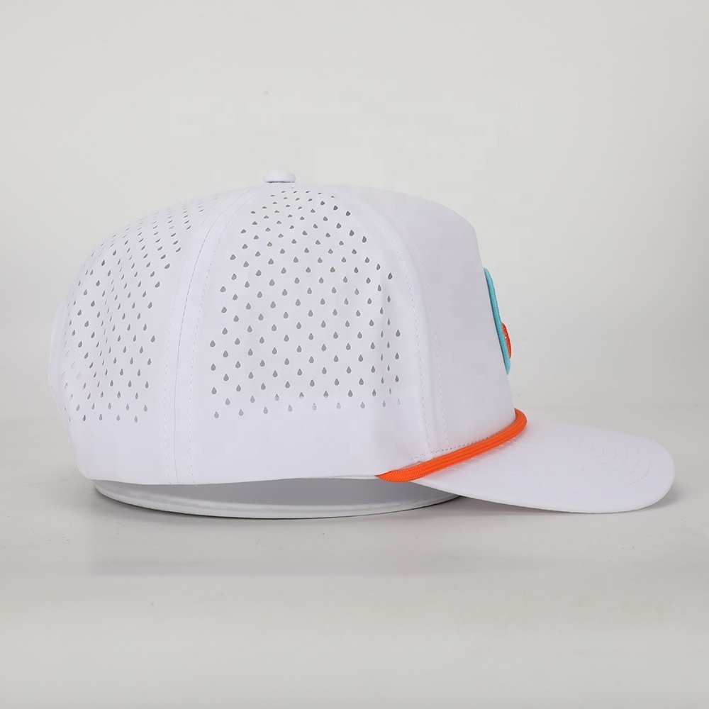 BSCI Wholesale Custom Design Oem Rope 5 Panel Sport Dad Hat,Embroidery Logo White Polyester Gorras,Laser Cut Hole Baseball Cap