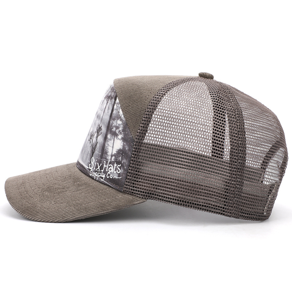 New Style Special 6 Panel  Two Colour Adult  Curved Brim Structured  Corduroy Front Mesh Back Digital Printing Logo  Trucket Hat