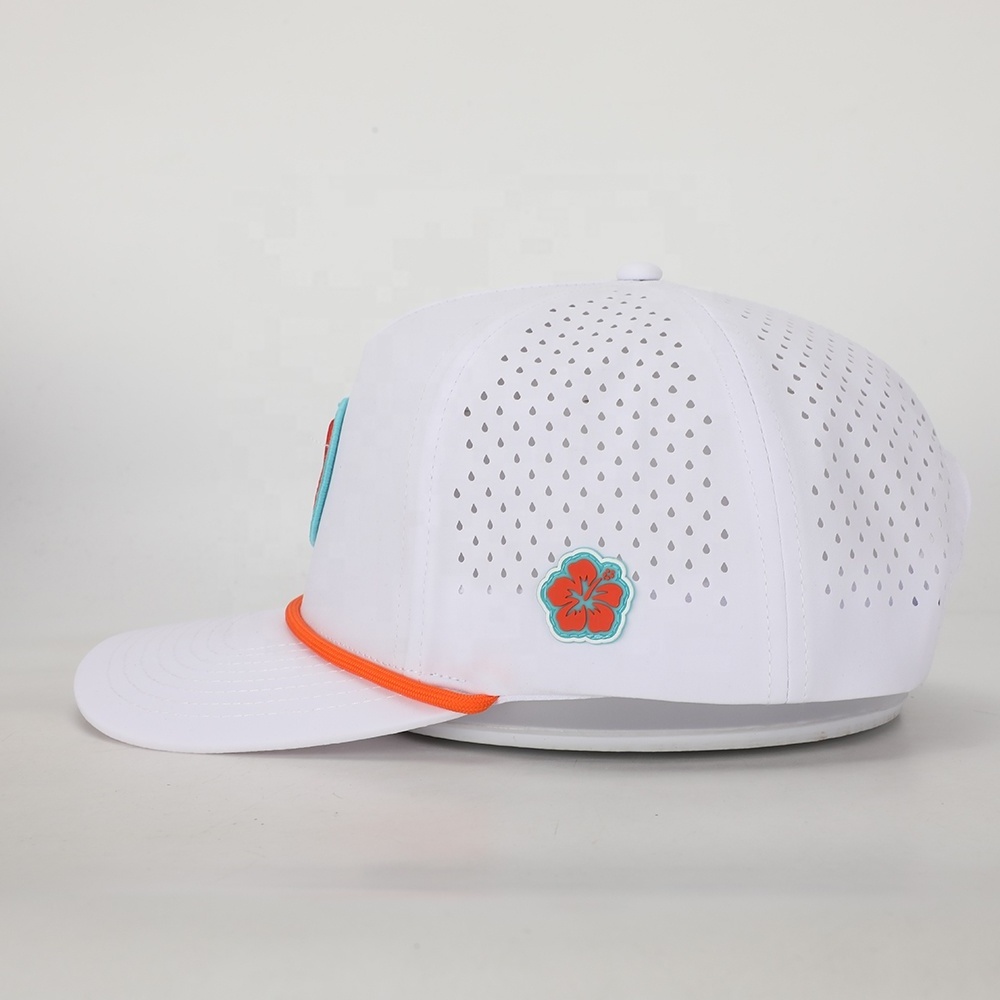 BSCI Wholesale Custom Design Oem Rope 5 Panel Sport Dad Hat,Embroidery Logo White Polyester Gorras,Laser Cut Hole Baseball Cap