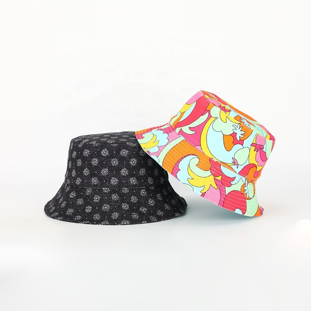 Wholesale Bulk Custom Logo High Quality Luxury Pattern Print Bucket Cap Double-sided Summer Fisherman Reversible Sun Bucket Hat