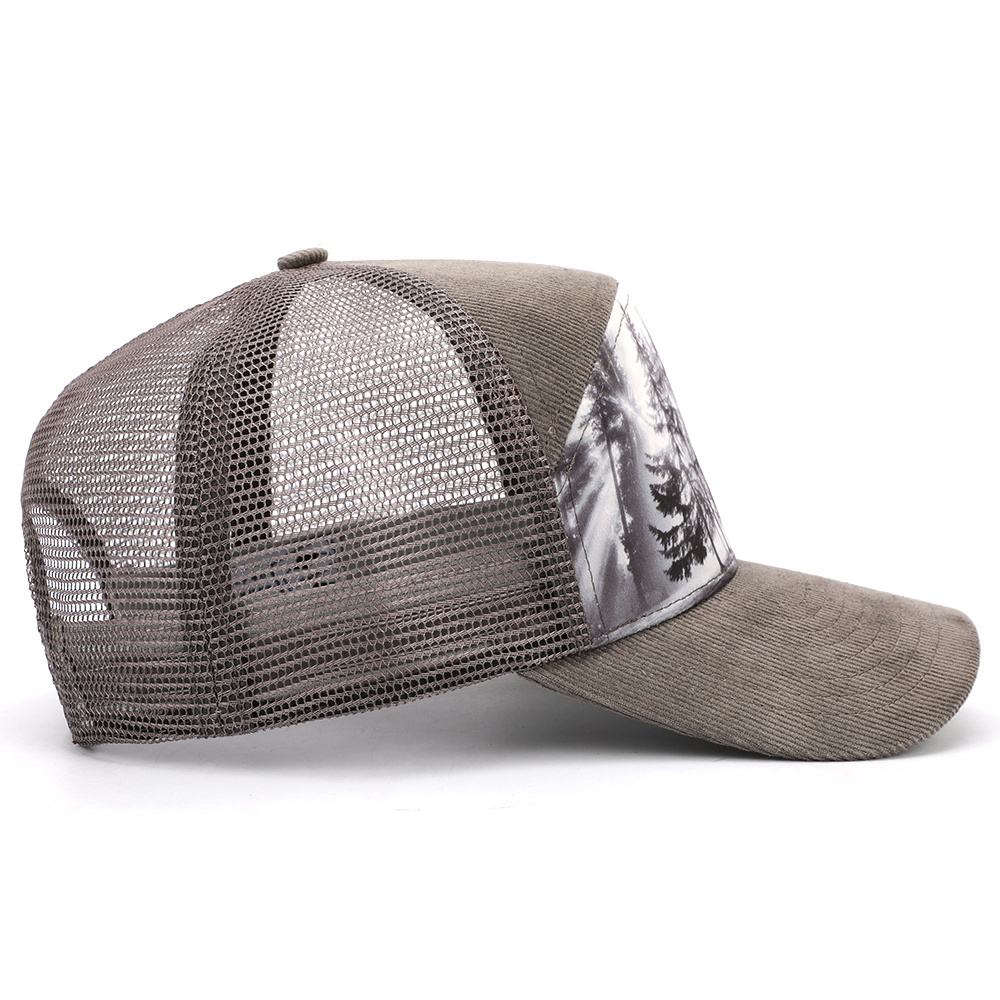 New Style Special 6 Panel  Two Colour Adult  Curved Brim Structured  Corduroy Front Mesh Back Digital Printing Logo  Trucket Hat