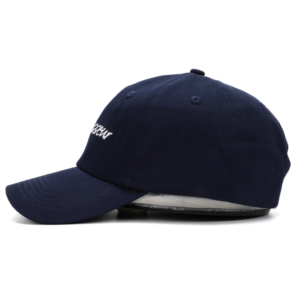 Hot Sale Navy Blue Customized Embroidery Logo Unstructured 6 Panel Genuine Leather Belts Buckle Dad Baseball Hat Cap for Mens