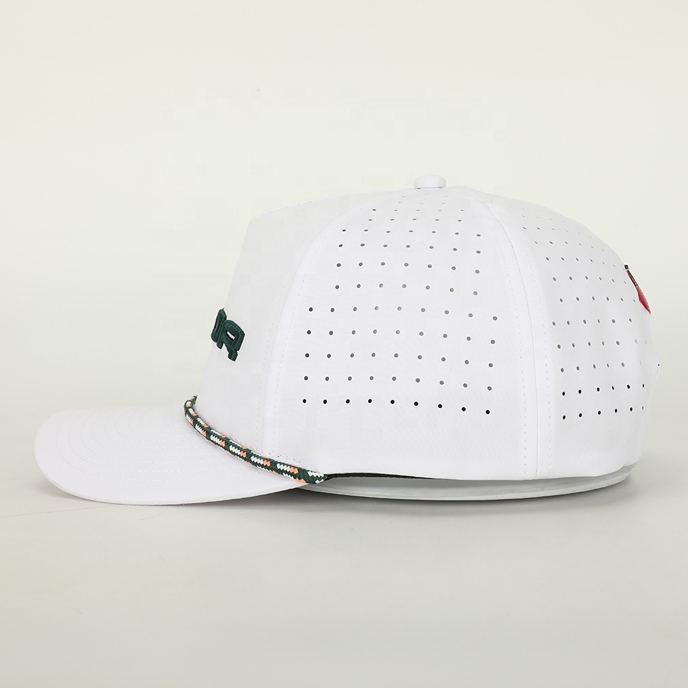 Oem Wholesale Custom Polyester Baseball Cap High Quality Embroidery Logo Waterproof Rope Sport Hat 5 Panel Laser Cut Hole Gorras