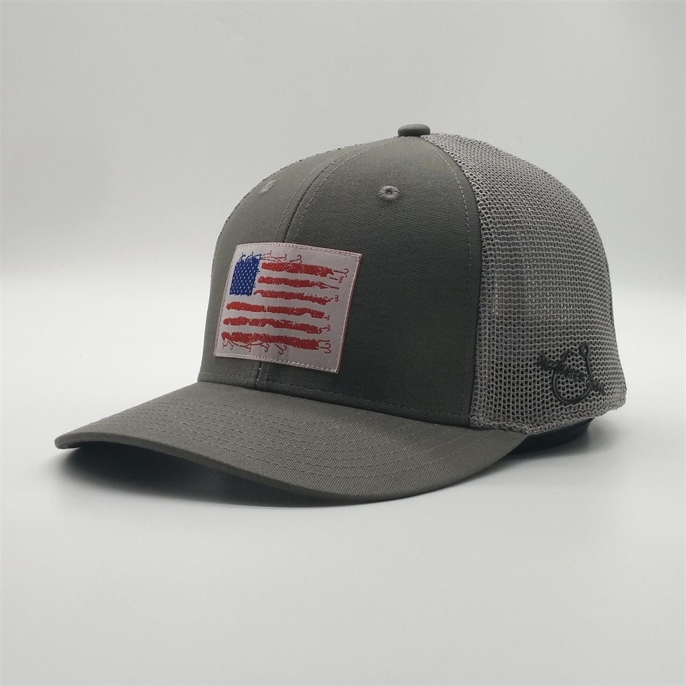 Meidiney Custom Charcoal Gray Flag Hook Woven Patches Rubber Print Flexi Truck Hats Fitted Trucker Cap