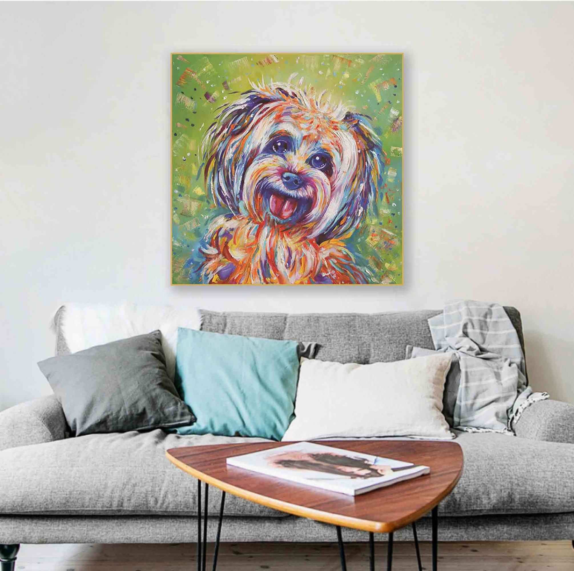 Most popular home art pet dog oil painting on canvas with frame wall art for wall decor