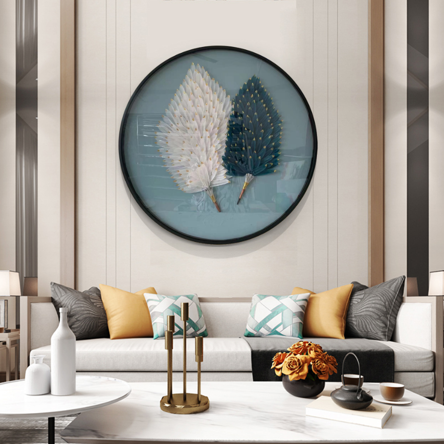 Modern 3D artwork Home Decor Blue and White Feather Artwork Round Handmade Glass Wall Art