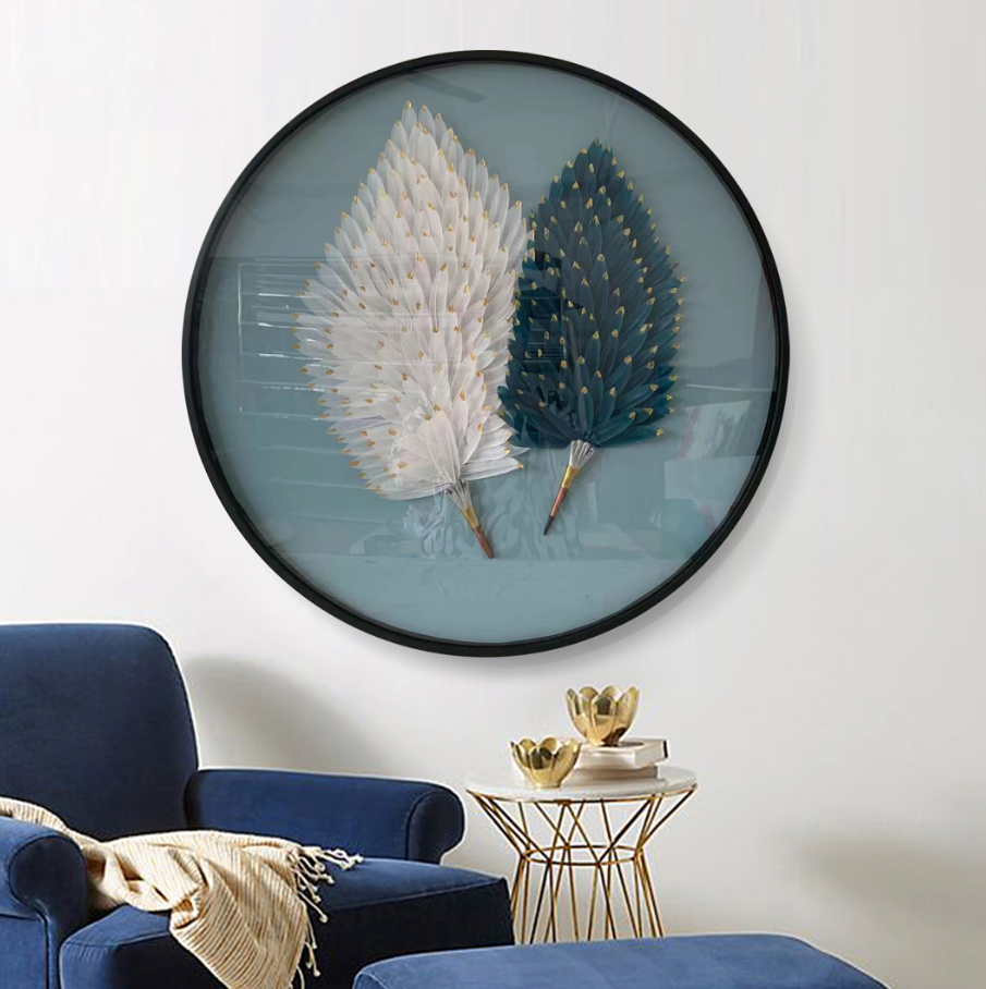 Modern 3D artwork Home Decor Blue and White Feather Artwork Round Handmade Glass Wall Art