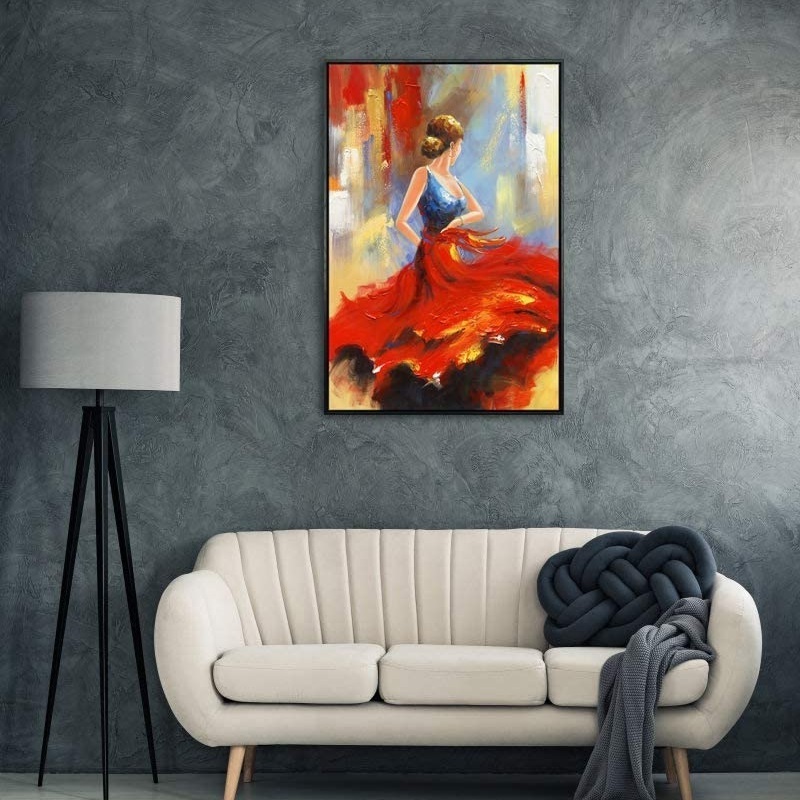 Modern Framed Wall Art Flying Skirt Artwork Dancing People Handmade Oil Paintings on Canvas for Home Wall Decor