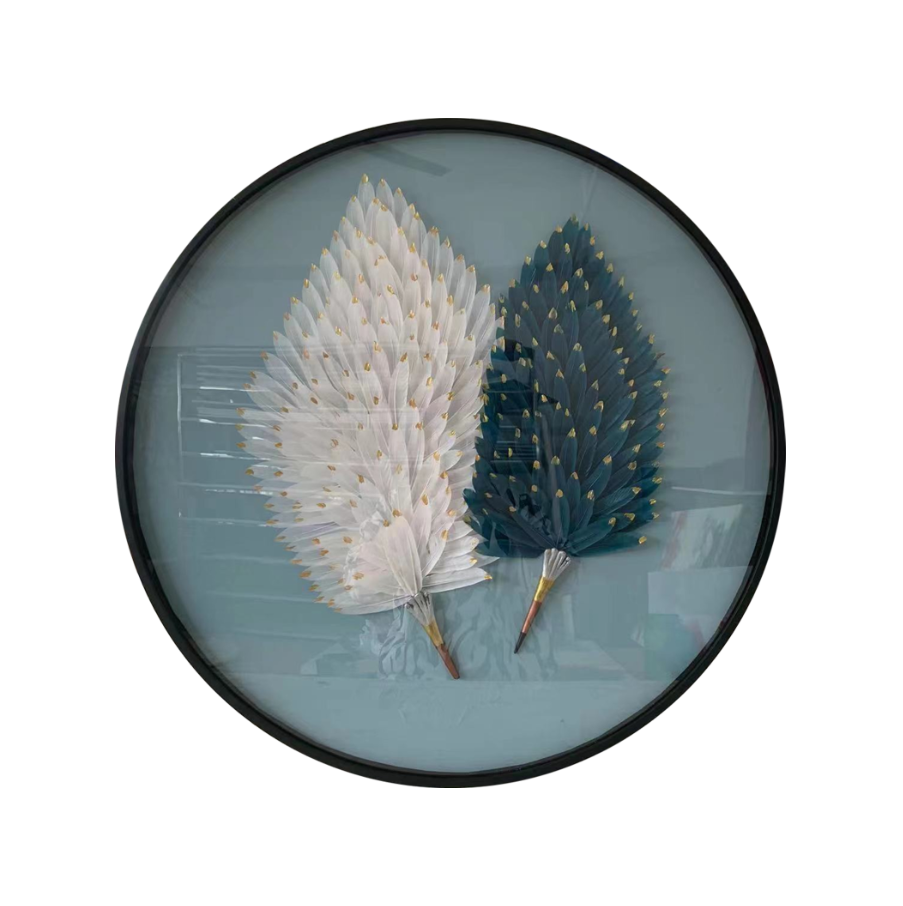 Modern 3D artwork Home Decor Blue and White Feather Artwork Round Handmade Glass Wall Art