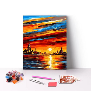 Factory Wholesale 3D Handmade round Drill Diamond DIY Painting Sunset Landscape and Seascape in 30x40 and 40x50 Sizes