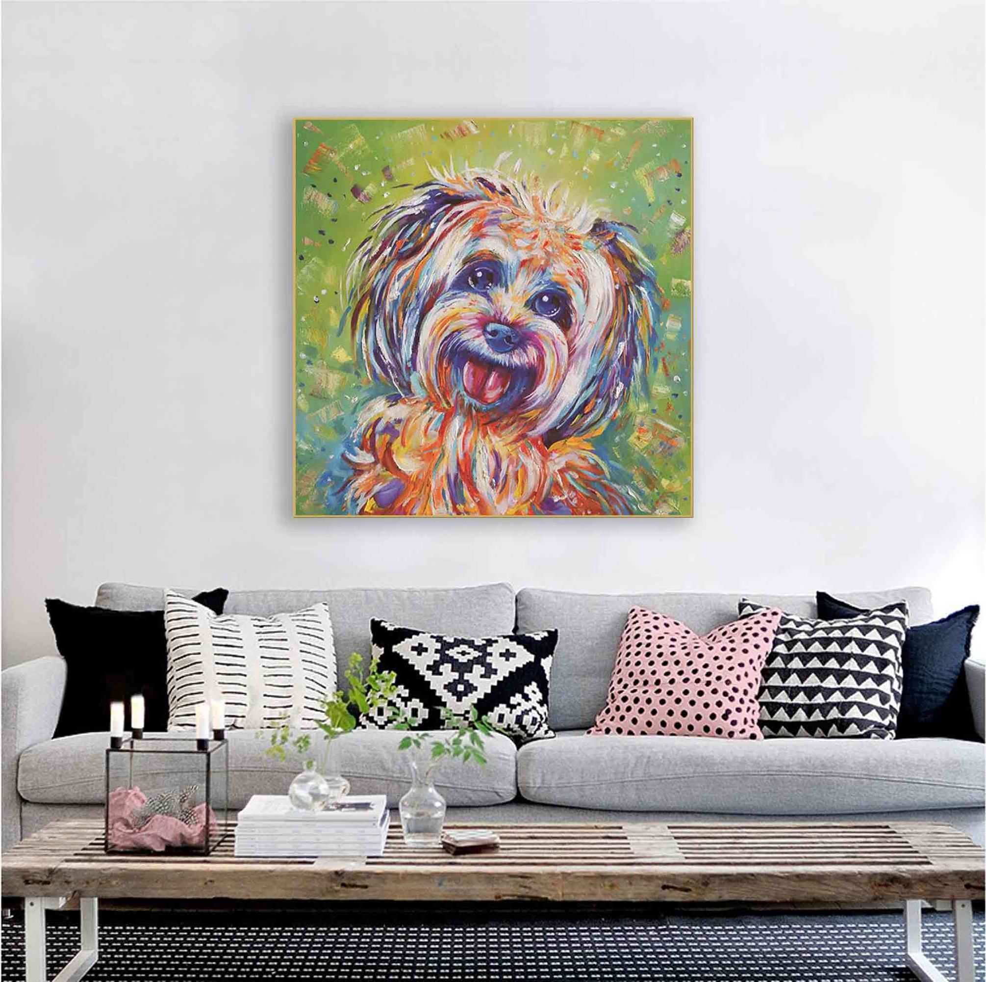 Most popular home art pet dog oil painting on canvas with frame wall art for wall decor