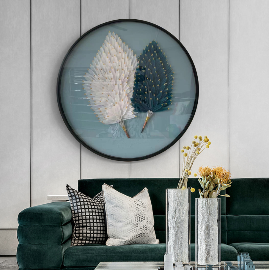 Modern 3D artwork Home Decor Blue and White Feather Artwork Round Handmade Glass Wall Art