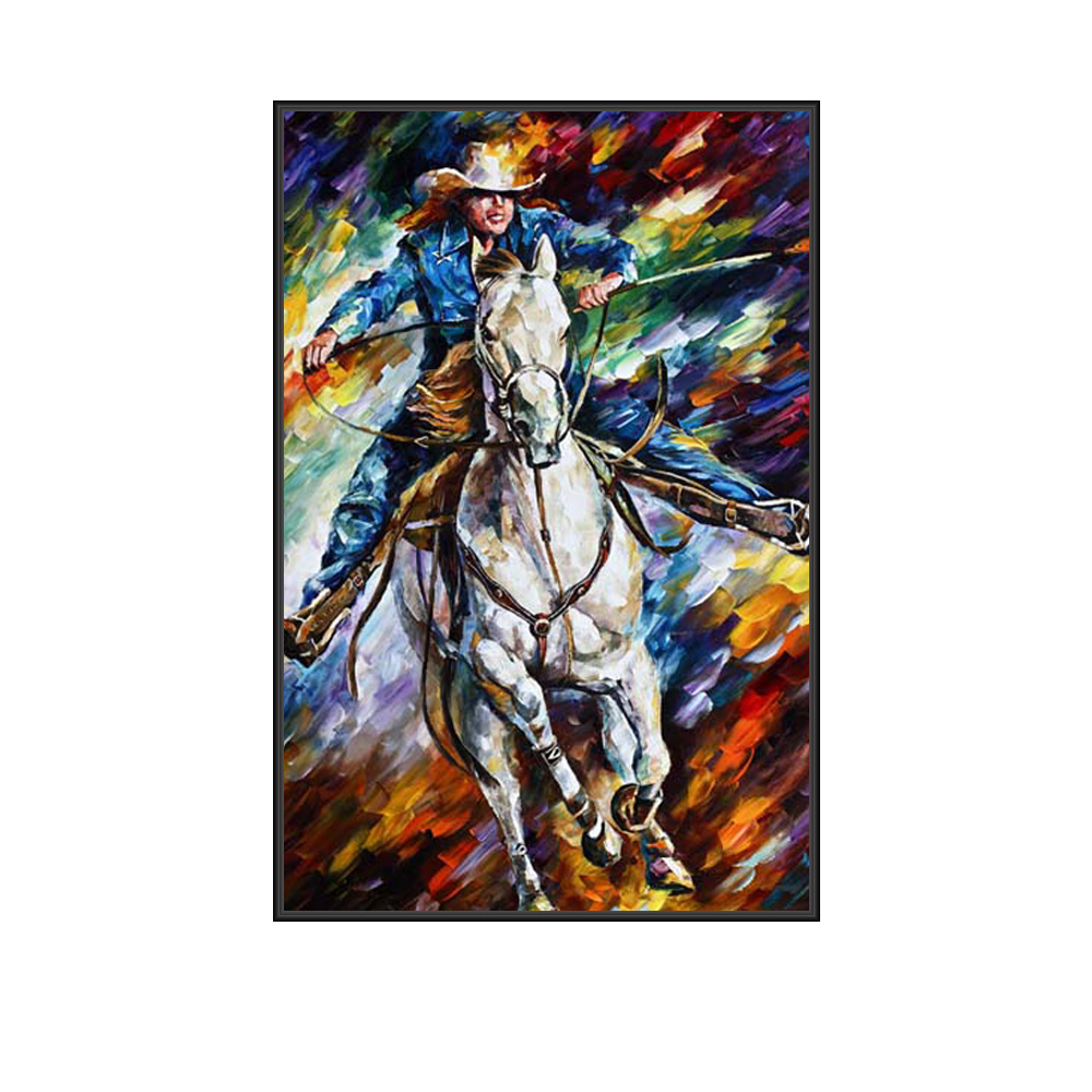 Modern Pop Art Abstract Handpainted Oil Painting of Man Riding Horse Portrait Style Figure Wall Art for Home Decor