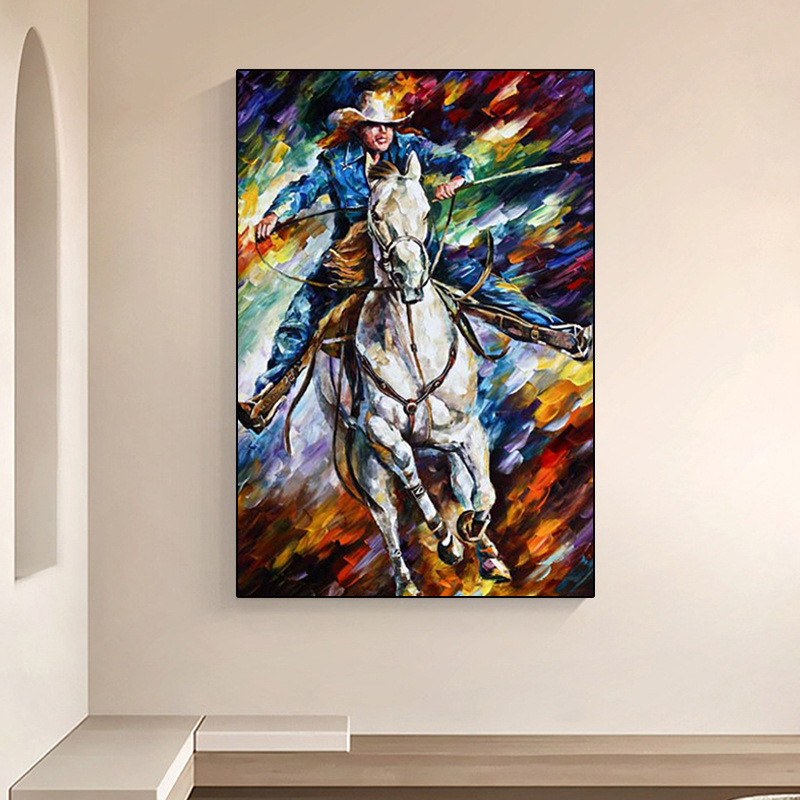 Modern Pop Art Abstract Handpainted Oil Painting of Man Riding Horse Portrait Style Figure Wall Art for Home Decor