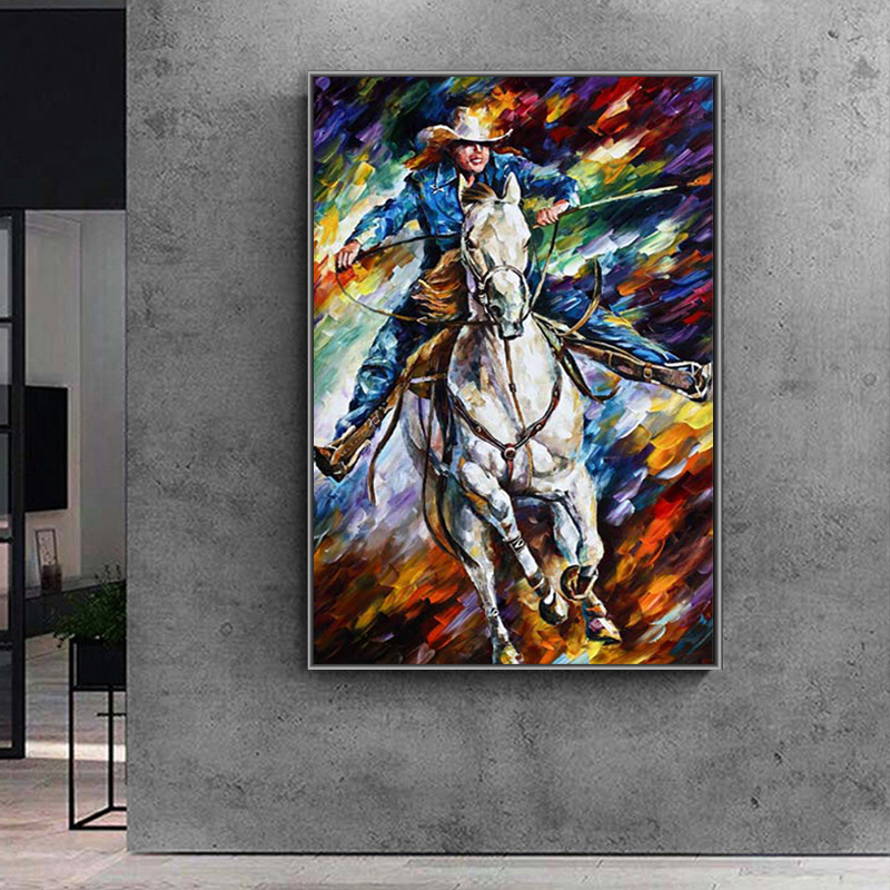 Modern Pop Art Abstract Handpainted Oil Painting of Man Riding Horse Portrait Style Figure Wall Art for Home Decor