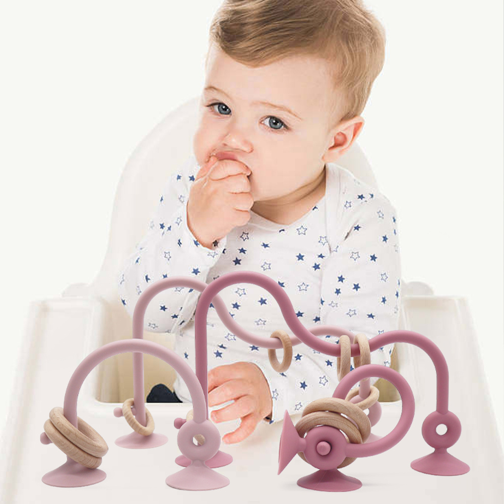 Factory 6 12 18 Month Wooden Ring Suction Cup Silicone Teething Toy Toddler Baby High Chair Educational Montessori Toys